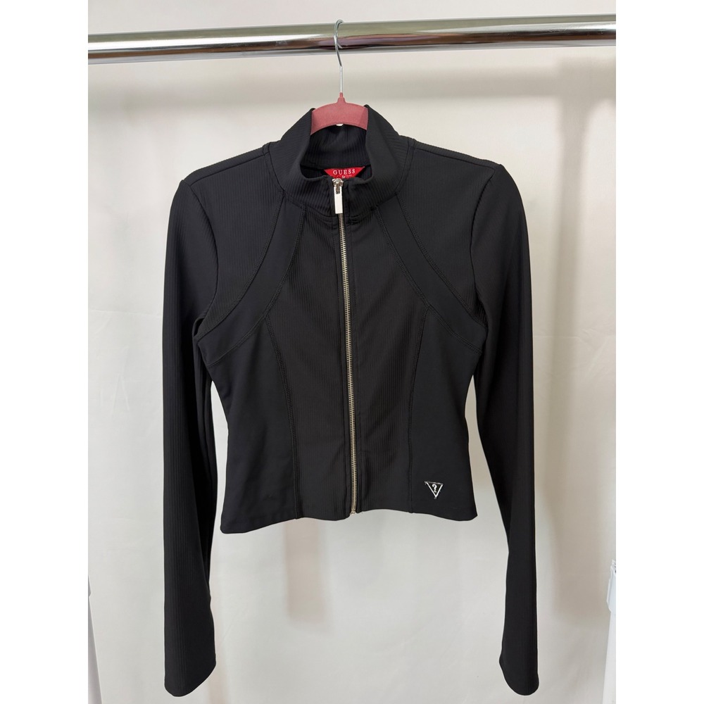 Guess Los Angeles Womens Black Ribbed Full Zip Mock Neck Active Jacket Crop M